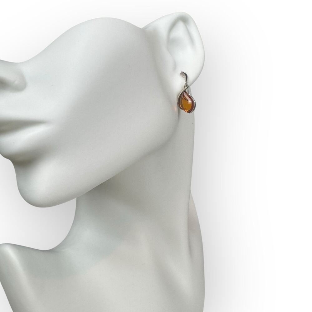 Vintage 925 Sterling Silver Polish‎ Baltic Amber Drop Earrings 1"